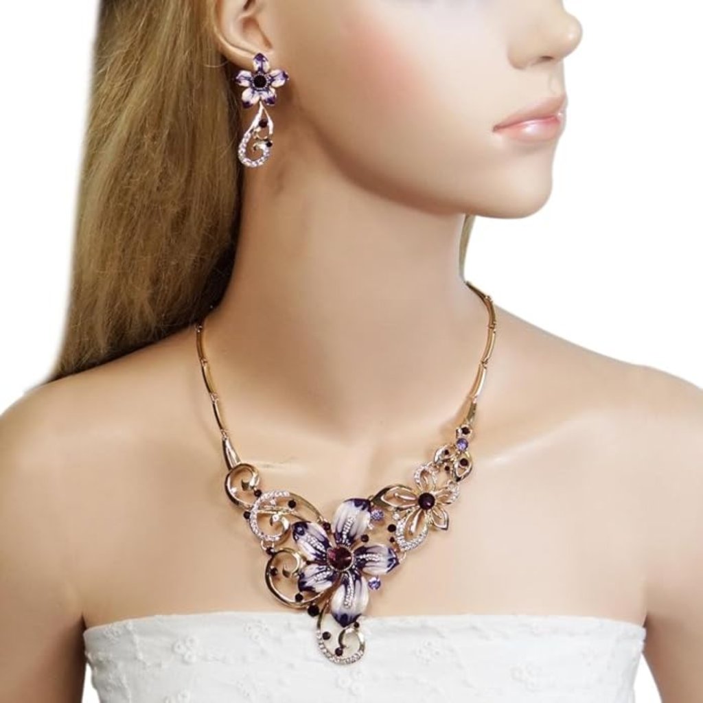 Ever Faith Austrian Crystal Enamel Orchid Flower Necklace Earrings Set Purple